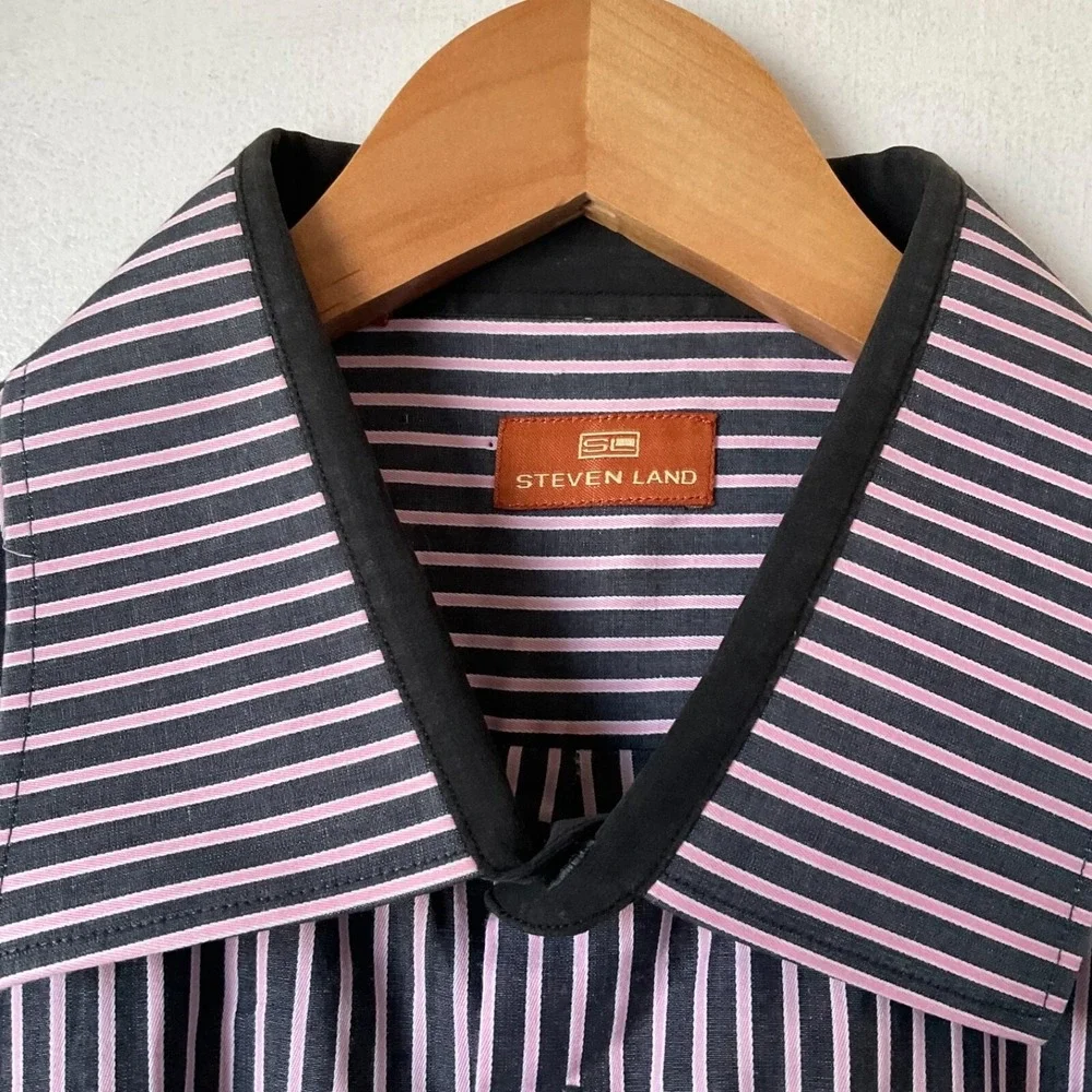 Steven Land Dress Shirt Pink and Black Stripes 100‎ % Cotton Unique Rare XXL